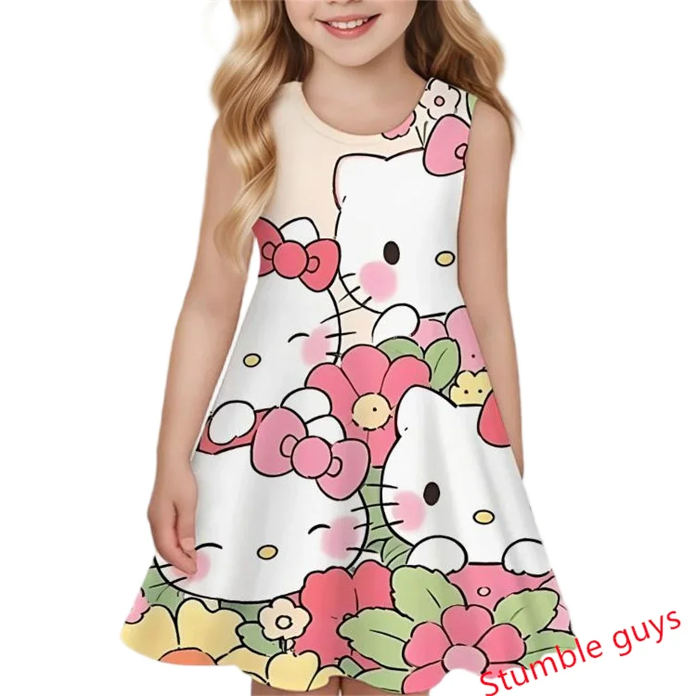 

Летнее платье Kawaii Hello Kitty для девочек, модная детская одежда с героями мультфильмов, повседневная одежда