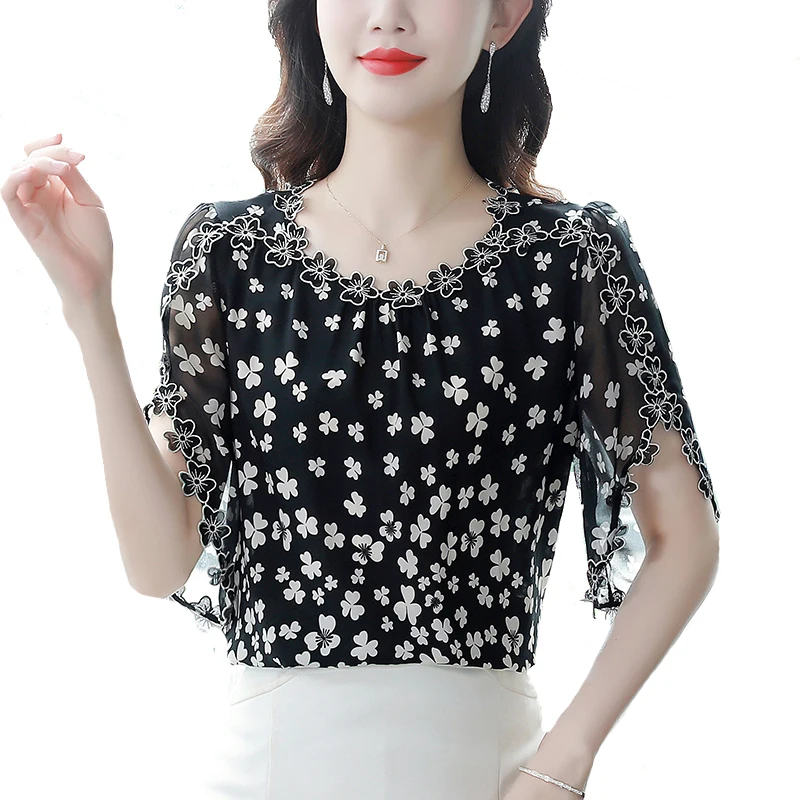 M-4XL Flying Sleeve Embroidered Tops 2023 Summer Women Floral Printed Shirt New Fashion Loose Chiffon blouse