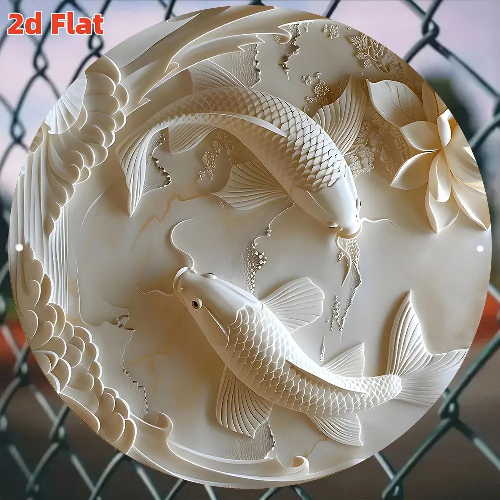 2D Metal Sign, 7.8x7.8 Inch Round Metal Sign with Koi Fish Pattern, Japanese Zen Art for Wall Decor, Oriental Lucky Symbol
