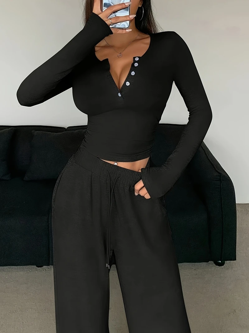 Trendiges, solides Lounge-Set mit langen Ärmeln, Knöpfen, Dekor, Oberteil und lange Hose, gemütliche Passform, Damen-Homewear, Freizeitkleidung, kann im Freien getragen werden
