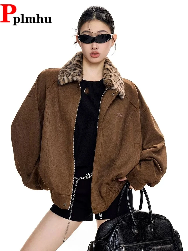 

Splicing Leopard Print Lapel Jackets Vintage Women's Casual Turn-Down Collar Jaquetas Fashion Baggy Short Zipper Chaquetas