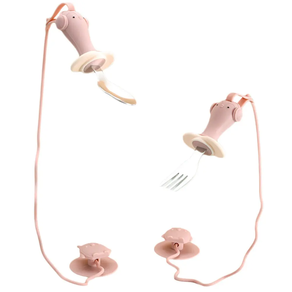 

1Set Baby Fork Spoon Set Toddler Silicone Dining Set Suction Cup Chain Training Tableware Kids Self Feeding Essential Utensils