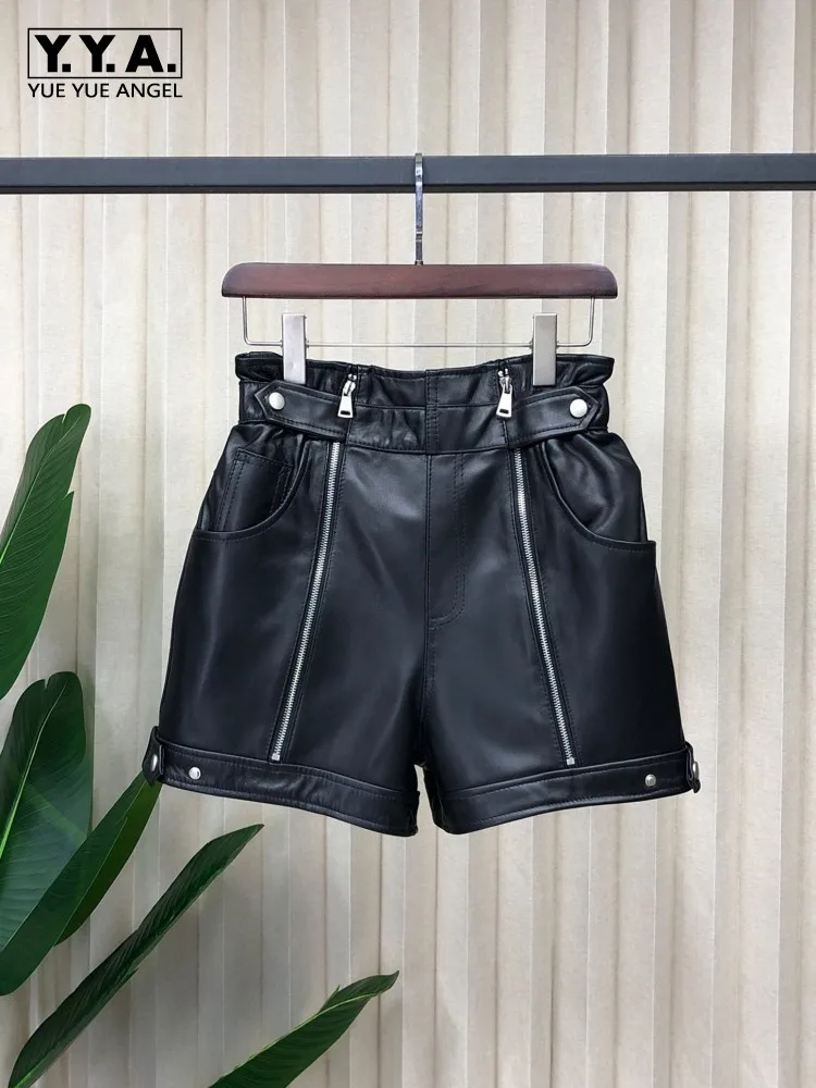 Female Elastic Waist Zipper Genuine Leather Shorts Womens Black Sheepskin Above Knee Shorts Designer Motorcycle Short Trousers