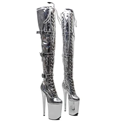 Leecabe 23CM/9 pulgadas botas sexis superiores de PU brillantes electrochapado plateado tacones altos plataforma zapatos de baile en barra