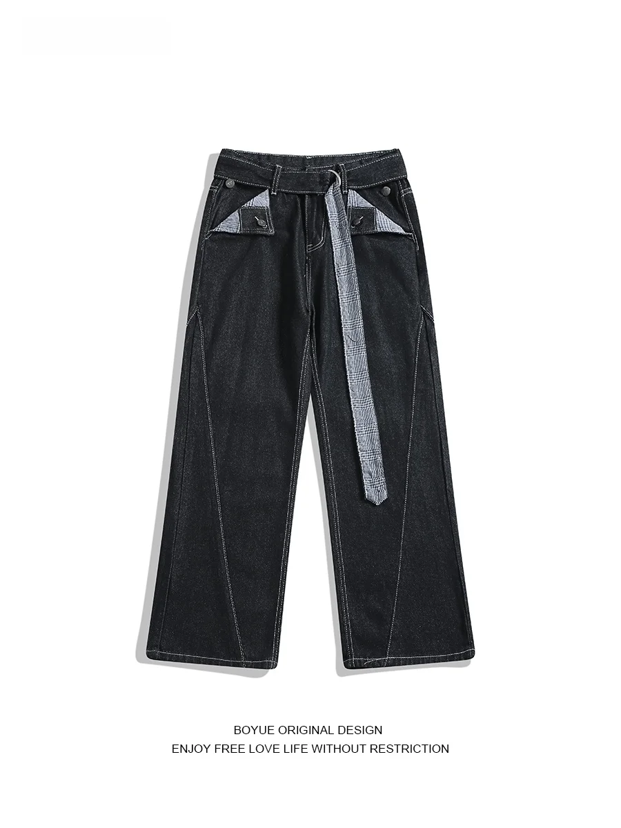 

Boyue American Plaid Splicing Original Cow Straight Leg Jeans Casual Old Money Waist Belt Wide Leg Pants for Men