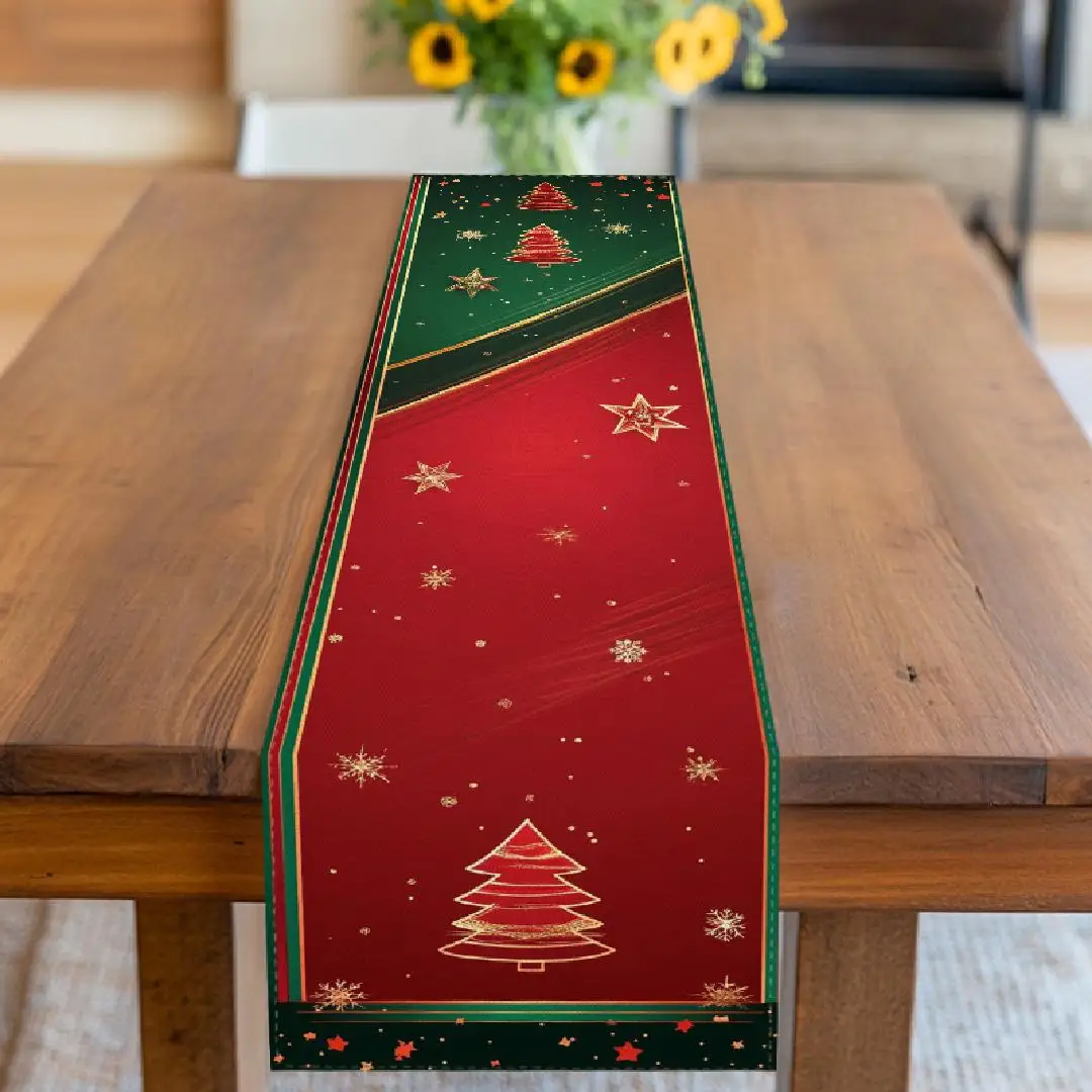 1 Piece of Christmas Themed Table Runner, Red with Green Background Painted with Golden Christmas Trees, Stars and Snowflake Patterns, Suitable for Christmas Dinners, Holiday Parties, Family Gatherings, Themed Cafes, B&B Decorations, Christmas Markets, Warm Tea Parties, Holiday Gifts