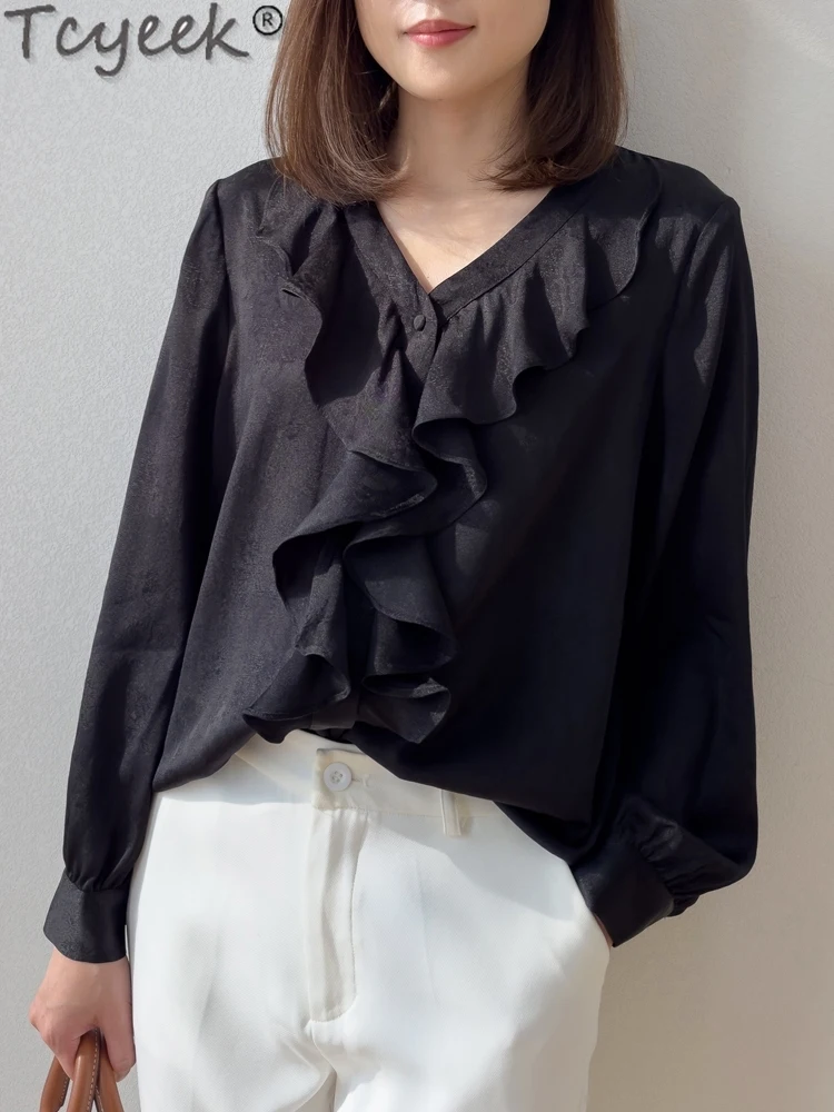 

Tcyeek 21MM Real Silk Shirt Spring Summer Clothes 93% Mulberry Silk Shirts for Women Long Sleeve Tops 2024 Elegant Top Female