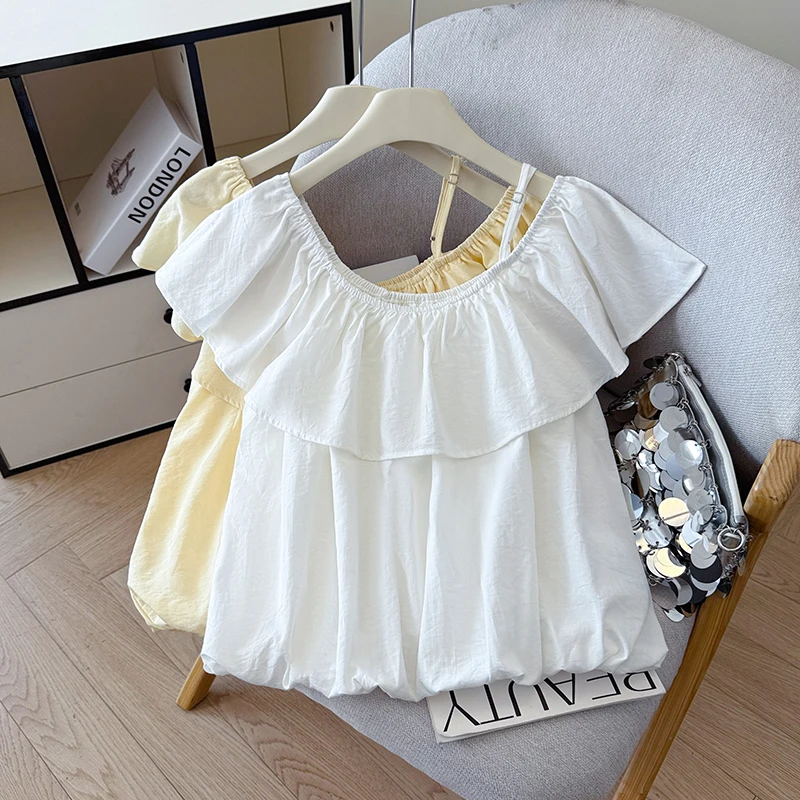 

Summer Design Sense Short Sleeve One Shoulder Lace Trim Two Wear Doll Bloom Shirt Women Top Breathable Cotton Polyester Blend