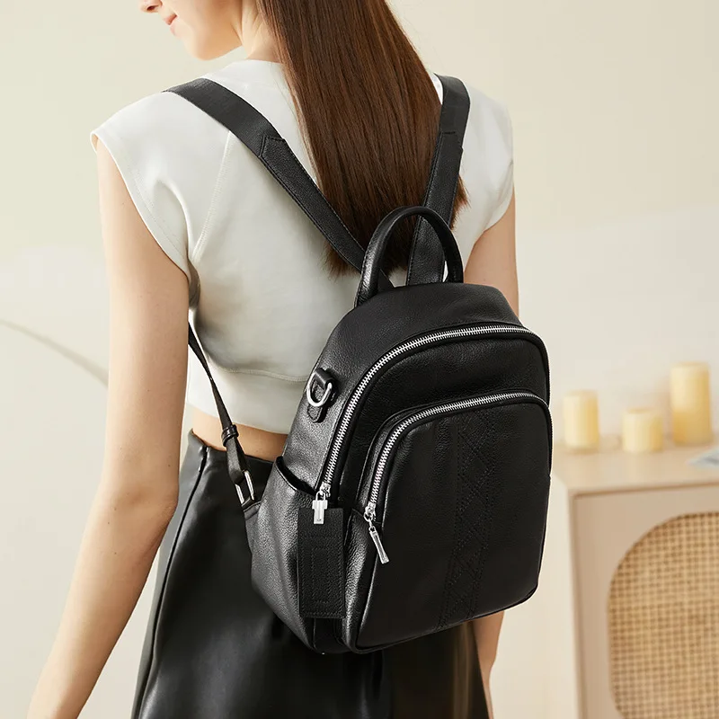 New Women's British Style Leather Backpack, Dual Zipper, Large Capacity, Versatile Travel Bag