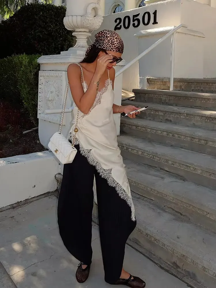 Elegancka sukienka mini na ramiączkach spaghetti z koronką, seksowna sukienka bez pleców, bez rękawów, asymetryczny dół, sukienka na wakacje, plażowa sukienka, vestido.