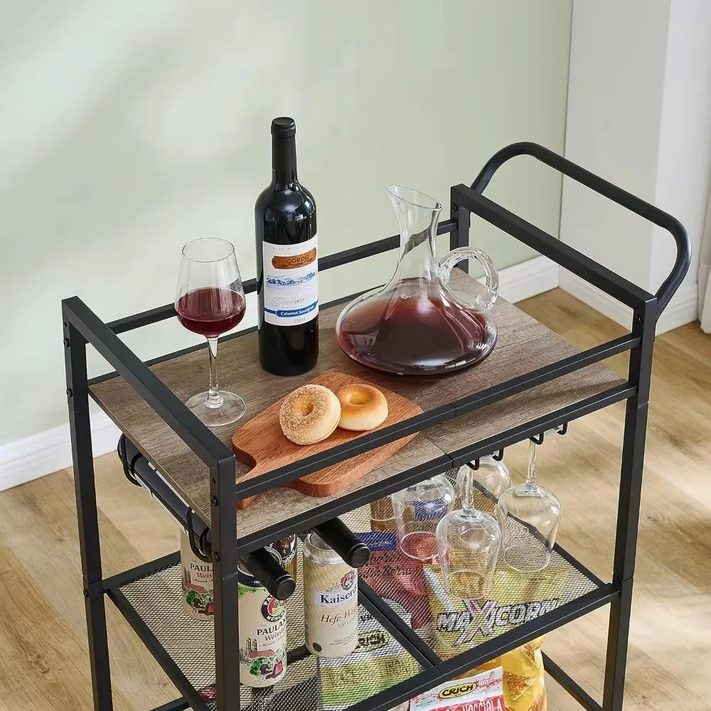 3-storey bar cart, mobile bar service cart, industrial-style kitchen wine cart, drink cart with wine rack and glass rack