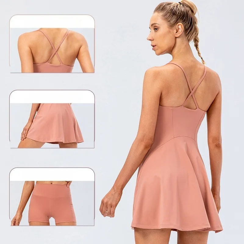 Women Cami Strap 2 Piece Tennis Golf Dress Skin-Friendly Stretch Skirt with Pockets Quick Dry Yoga Fitness Outfit