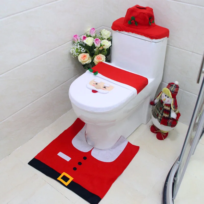 Bothroom Christmas Toilet Decoration Cover Santa Claus Christmas Snowman Toilet Decorative Three-piece Set Cute Bath Accessories