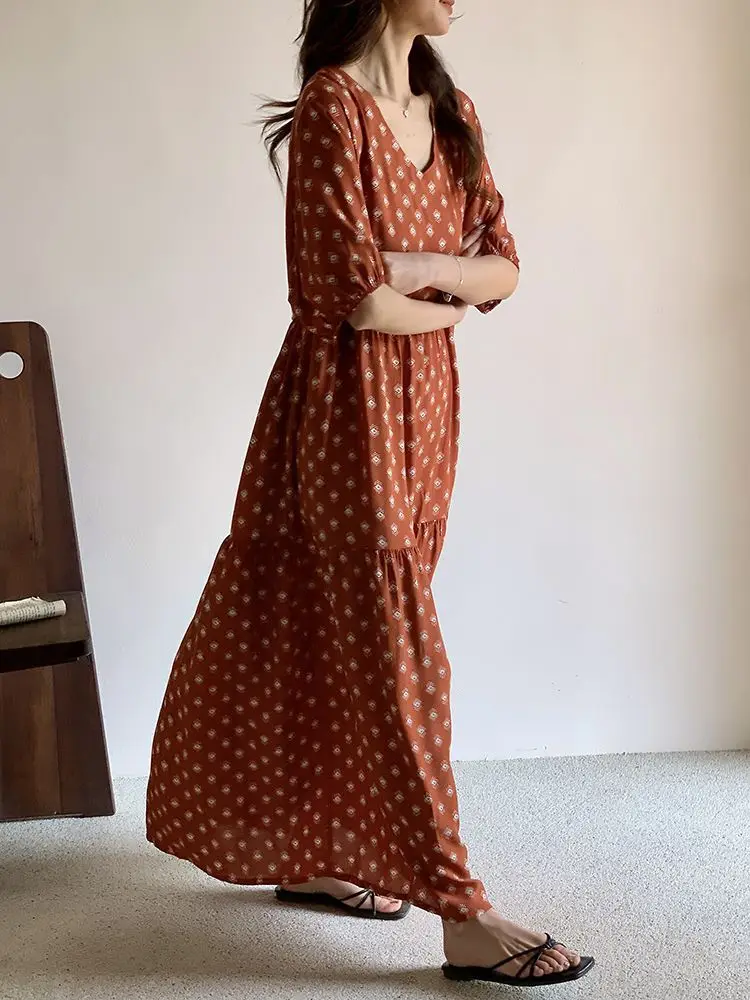 Sukienka damska na lato 2025, europejski styl, luźna, do pracy, z nadrukiem, dekolt w serek, oversize, sukienka do spania.