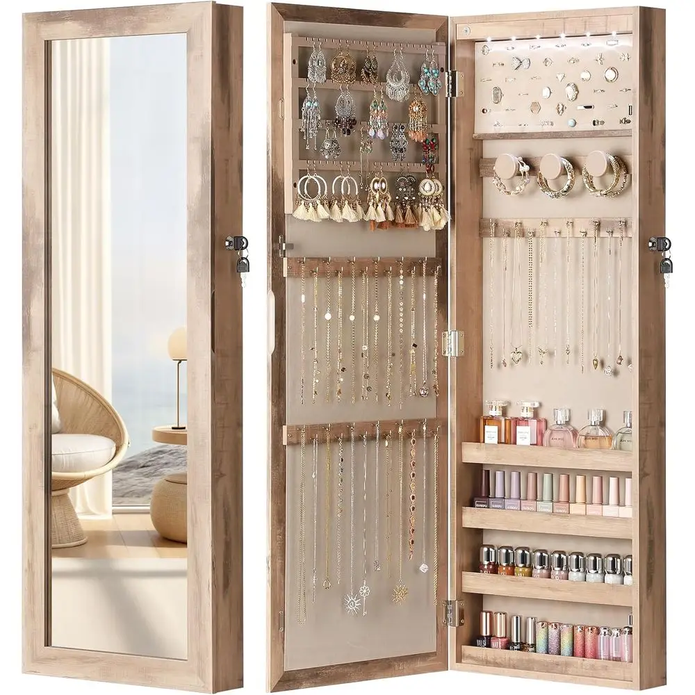 

Зеркальный шкаф с 6 светодиодами, вместительный запираемый органайзер для ювелирных изделий, настенное или напольное зеркало с отсеком для хранения украшений, дуб