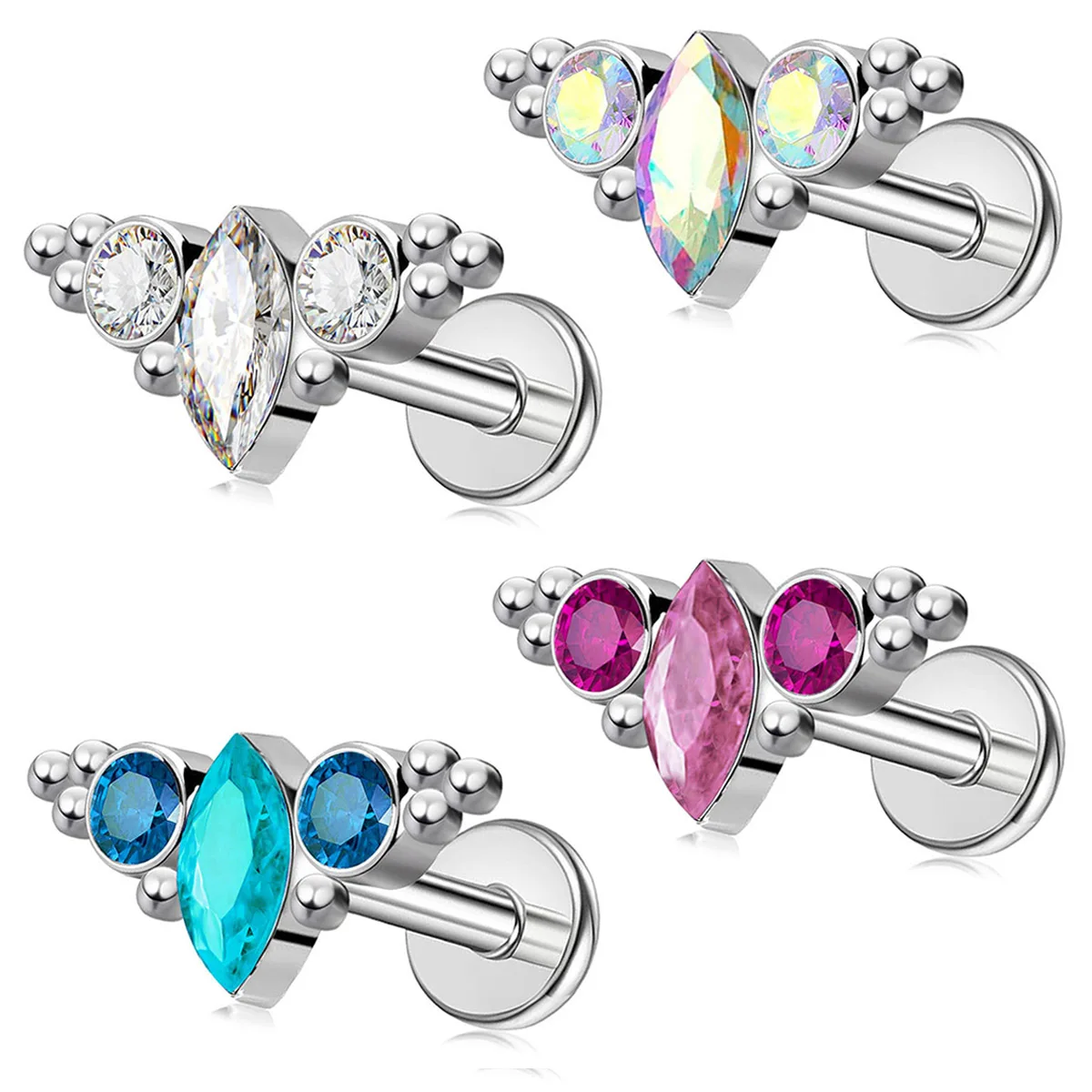 1Pc Flat Back Labret Stud 316L Stainless Steel Low Allergy Marquise CZ Cluster Lip Ring Cartilage Tragus Helix Earring Piercing