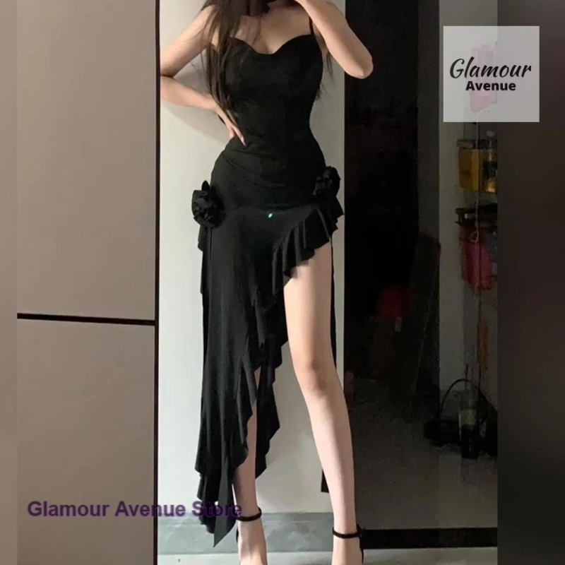 

French sexy and fashionable black slim cut slit suspender dress for women's summer new style spicy girl irregular long skirt