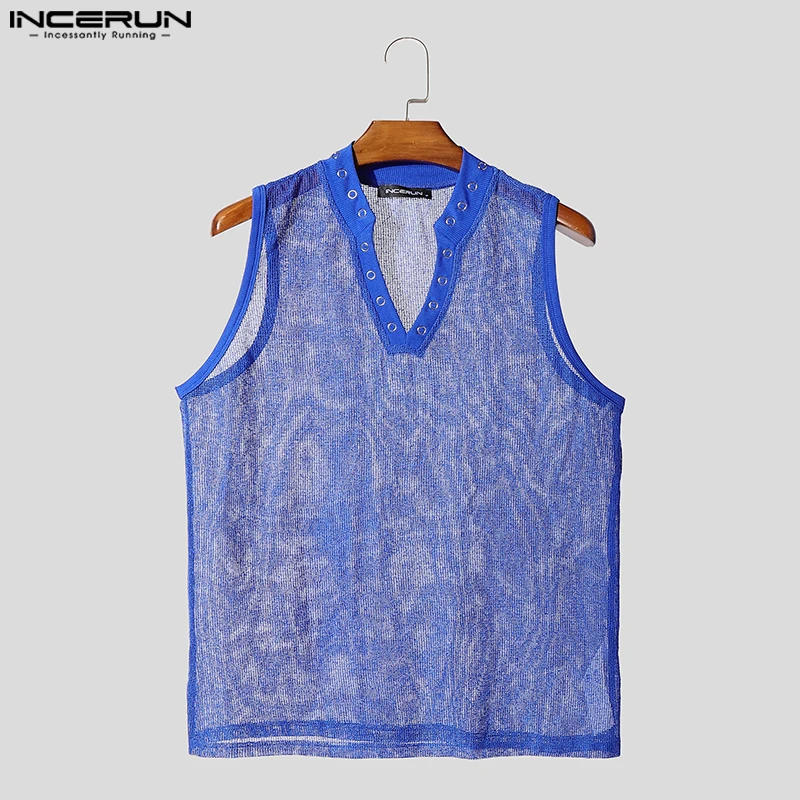 

Summer Men Tank Tops Mesh Hollow Out V Neck Sleeveless See Through Male Vests Solid Streetwear 2025 Sexy Men Clothing INCERUN