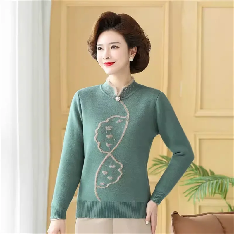 2024 Autumn New Mom's Velvet And Warm Knitted Embroidered Bottom Shirts Imitation Mink Fleece Winter Inner Plsh Thick Pullover