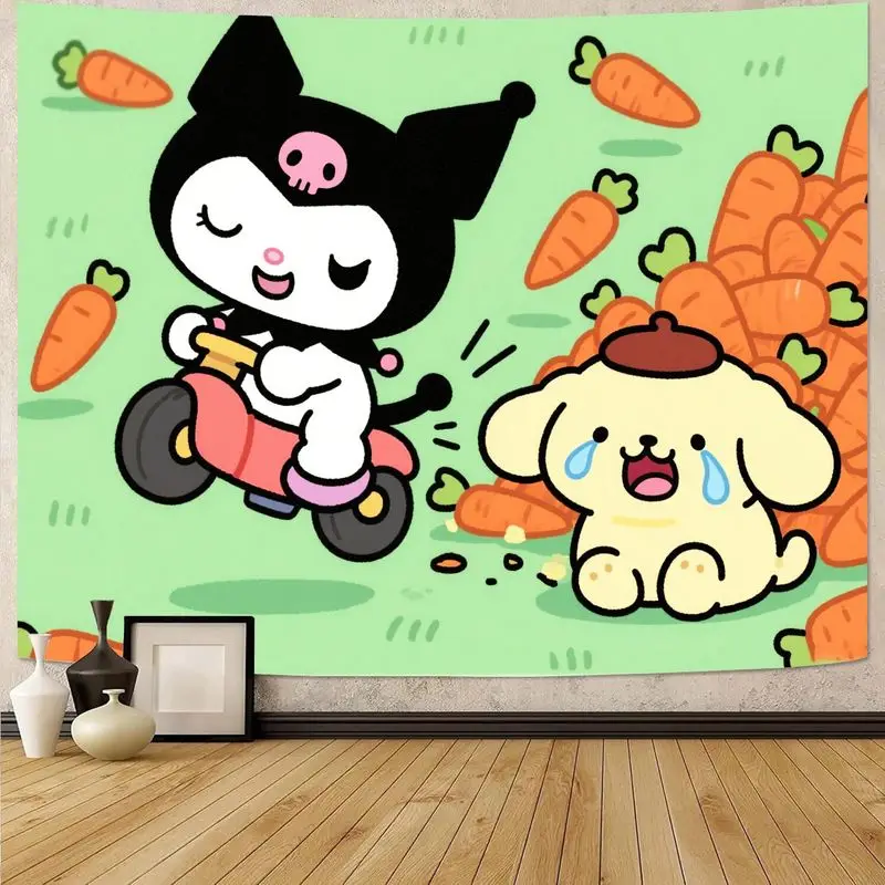 

1PC Sanrio Kuromi Scooter, Pompompurin Crying & Carrots Tapestry Kawaii Polyester Wall Art Room Decor Gift