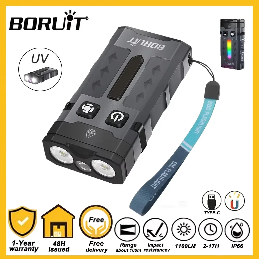 

Фонарик-брелок BORUiT EV20 EV15 с УФ-светодиодом, перезаряжаемый через Type-C, магнитный рабочий фонарь с клипсой для кепки, карманный фонарь EDC для кемпинга