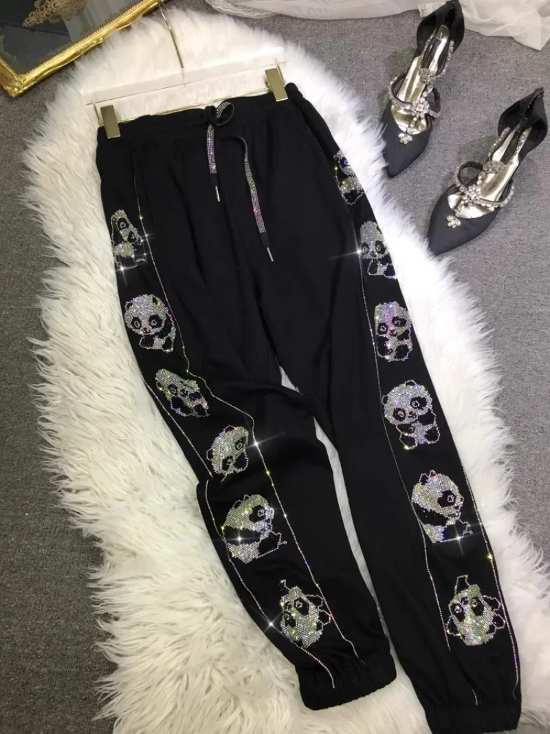 Heavy Industry Diamond Drills Sweatpants Female Cute Cartoon Black Thin Tied Feet Sports Long Pants Winter Flash Casual Trousers