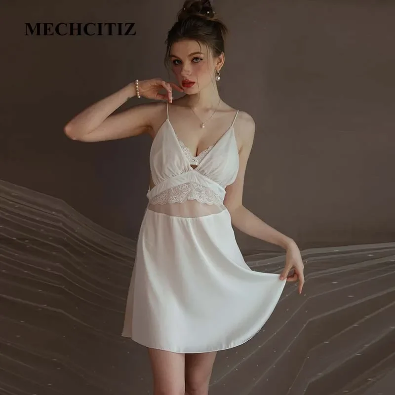 MECHCITIZ Sexy Nightgowns Women Nightdress Lace Pajamas Satin Lingerie Nightwear Female Summer Sleepwear Sleeping Night Dress