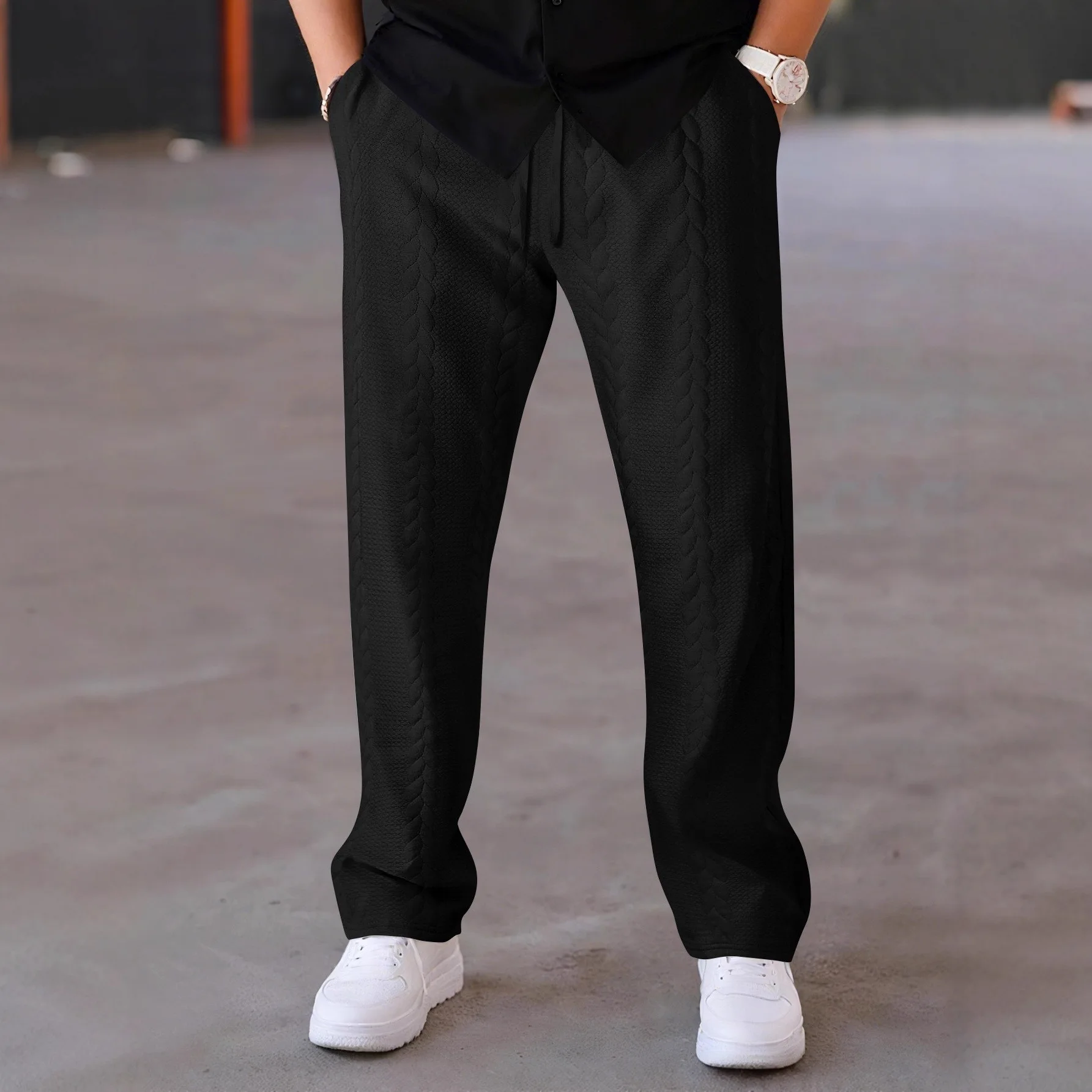 Men's  Cable Knit Textured Casual Pants Elastic Waist Drawstring Straight Leg Trousers For Men Streetwear Daily Wear