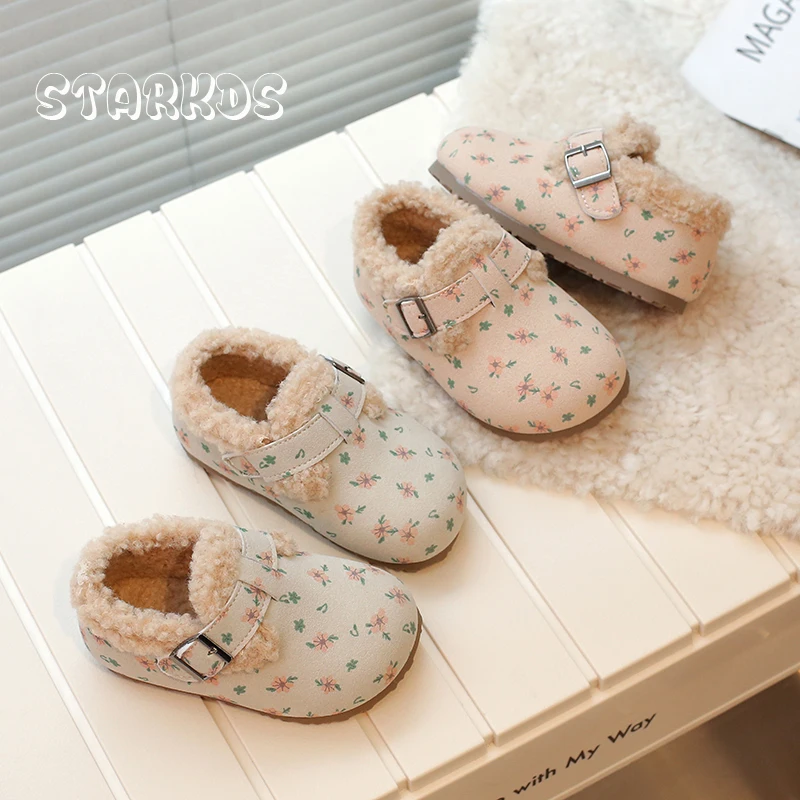 

Sweet Flower Print Suede Leather Loafer Kid Girl Winter Warm Teddy Fur Birken Shoe Child Brand Design Slip-on Plush Flat Zapatos