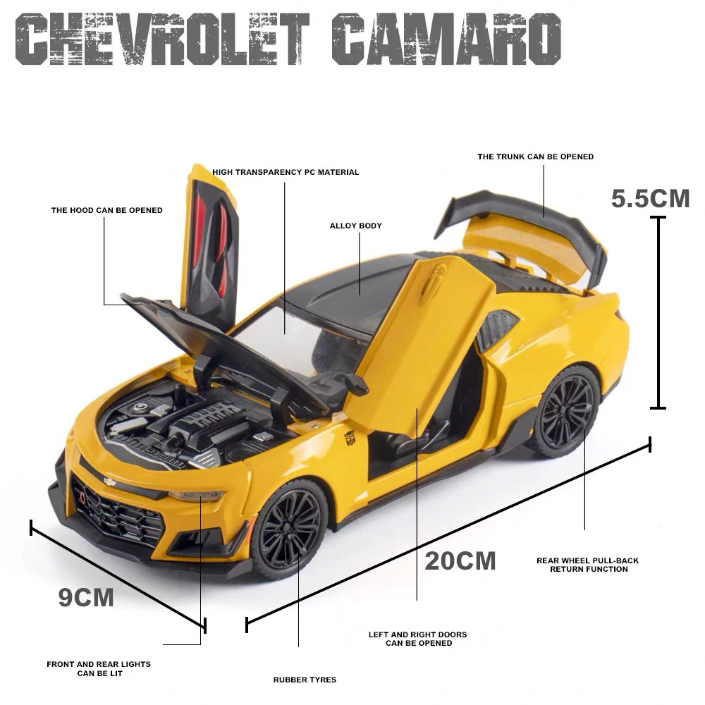 1:24 Chevrolet Camaro Bumblebee Alloy Miniature Car Diecast Metal Scale Model Vehicles Sound＆Light Collection Children Toy Gifts