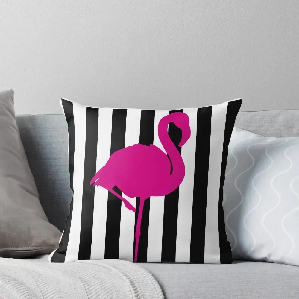 

Hot Pink Flamingo on Black and White Stripe Throw Pillow Cushions Home Decor luxury decor pillow