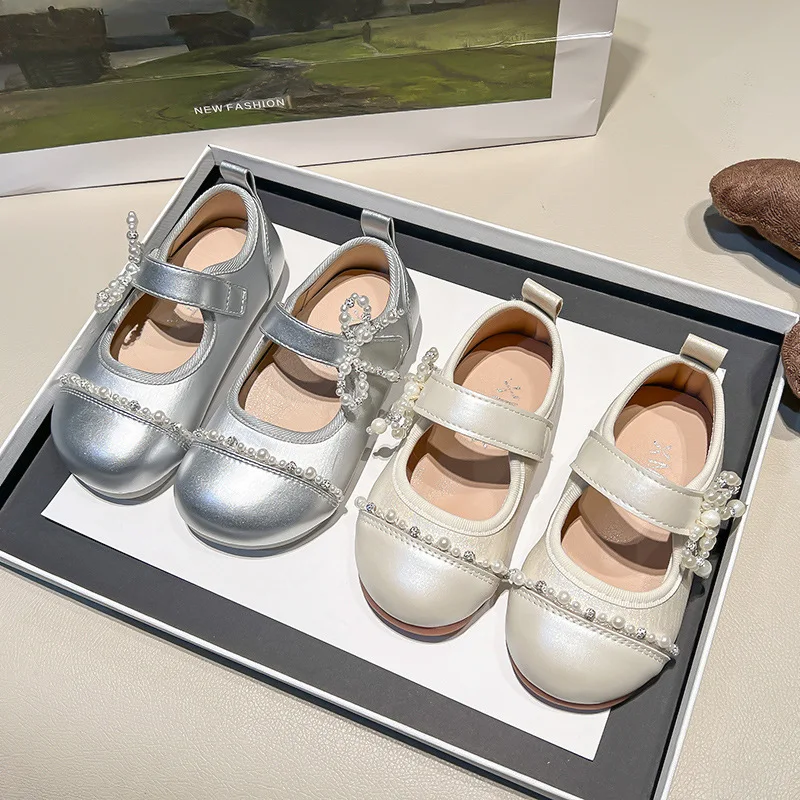 

Girls PU Leather Shoes Silver Princess Spring Autumn Baby Soft Sole Fashion Light Mouth School Student Loafer Size 23-33