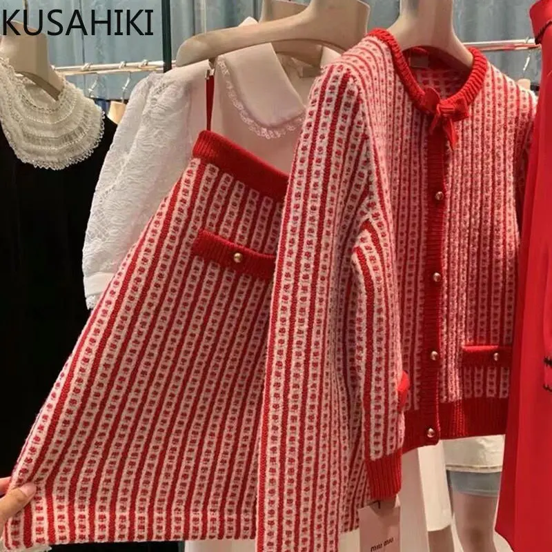 Kusahiki Koreaanse Mode Elegante Gebreide Sets Lange Mouw Strikje O-hals Truien Vest Jas + Hoge Taille Mini Trui Rok