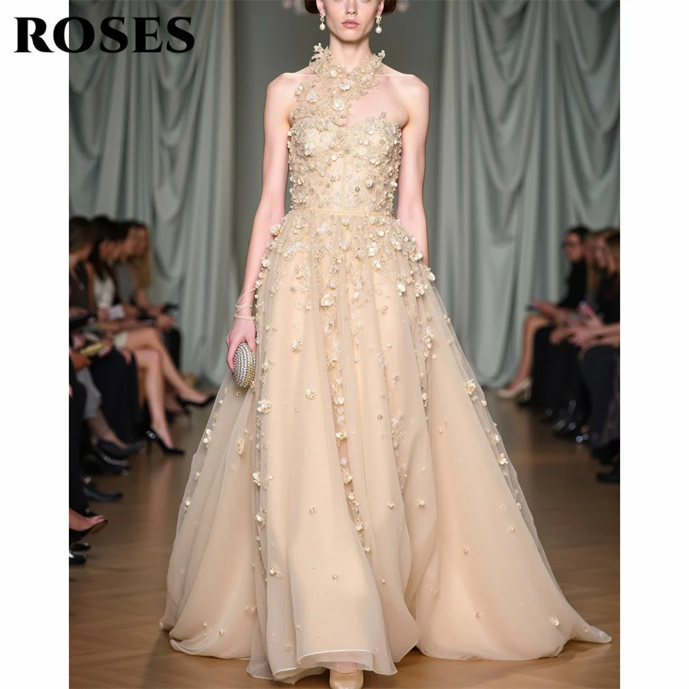 

ROSES Champagne Party Dress Halter Sleeveless Prom Dress with 3D Floral Night Dress A Line Tulle Celebrity Dress Customized