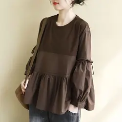 Clothes for Women Korean Fashion Bow Cute Chic Blouses Vintage Ruffled Patchwork Oversized Shirts Solid O Neck Long Sleeve Tops