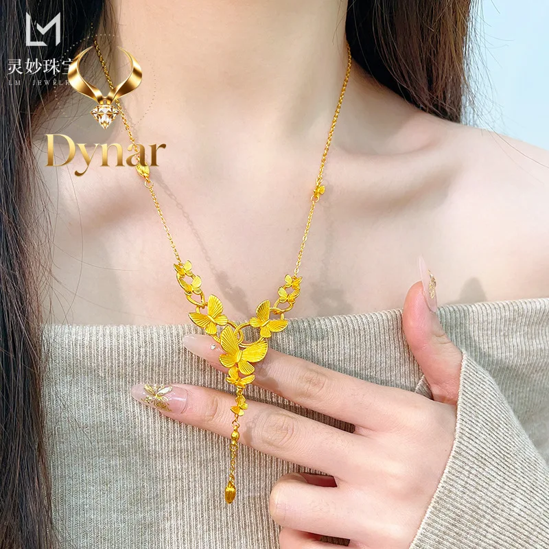 

Dynar Jewelry 9999 Brushed April Butterfly Necklace Butterfly Tassel 24K Real Gold Wedding Clavicle Chain for Women