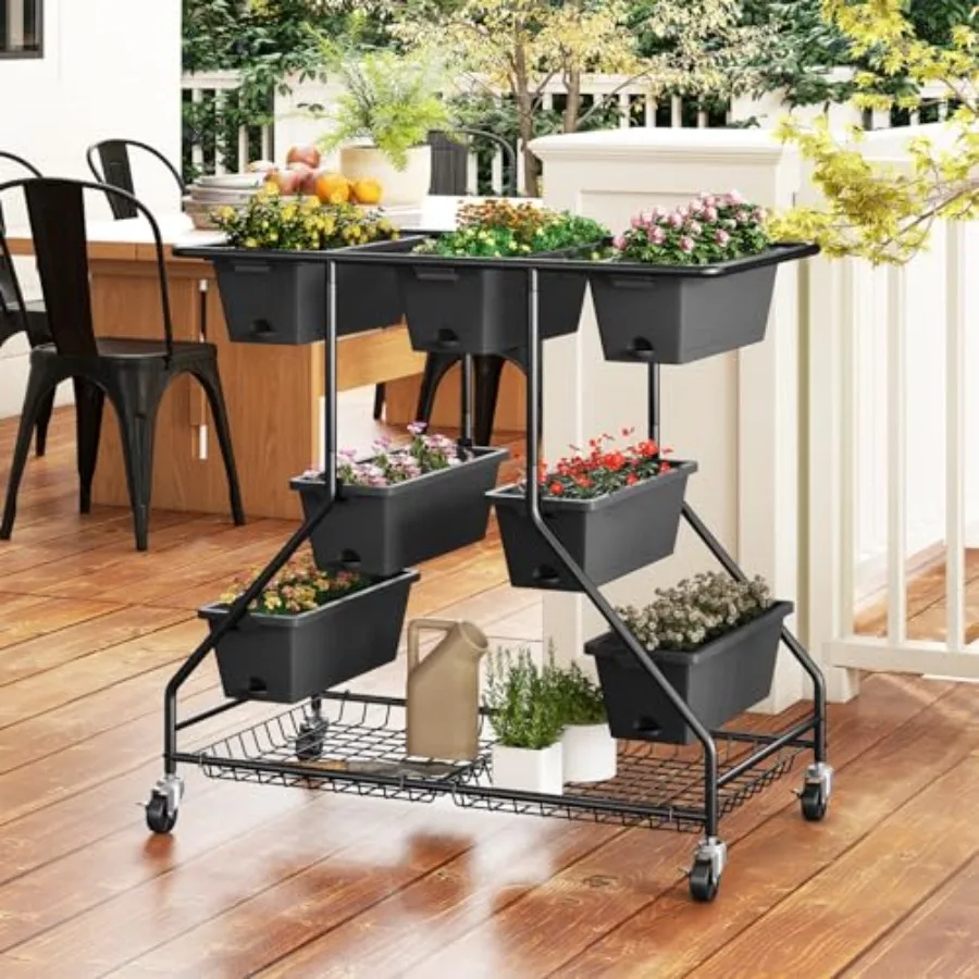 Elevated rolling garden bed for strawberries, vegetables, flowers, herbs; galvanized steel; black; 7 planter boxes, storage bas