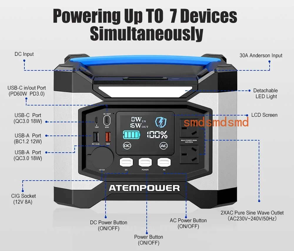 518Wh DC AC 500W Lithium Battery Bank Portable Power Station with USB Type-C Port for Outdoor Camping