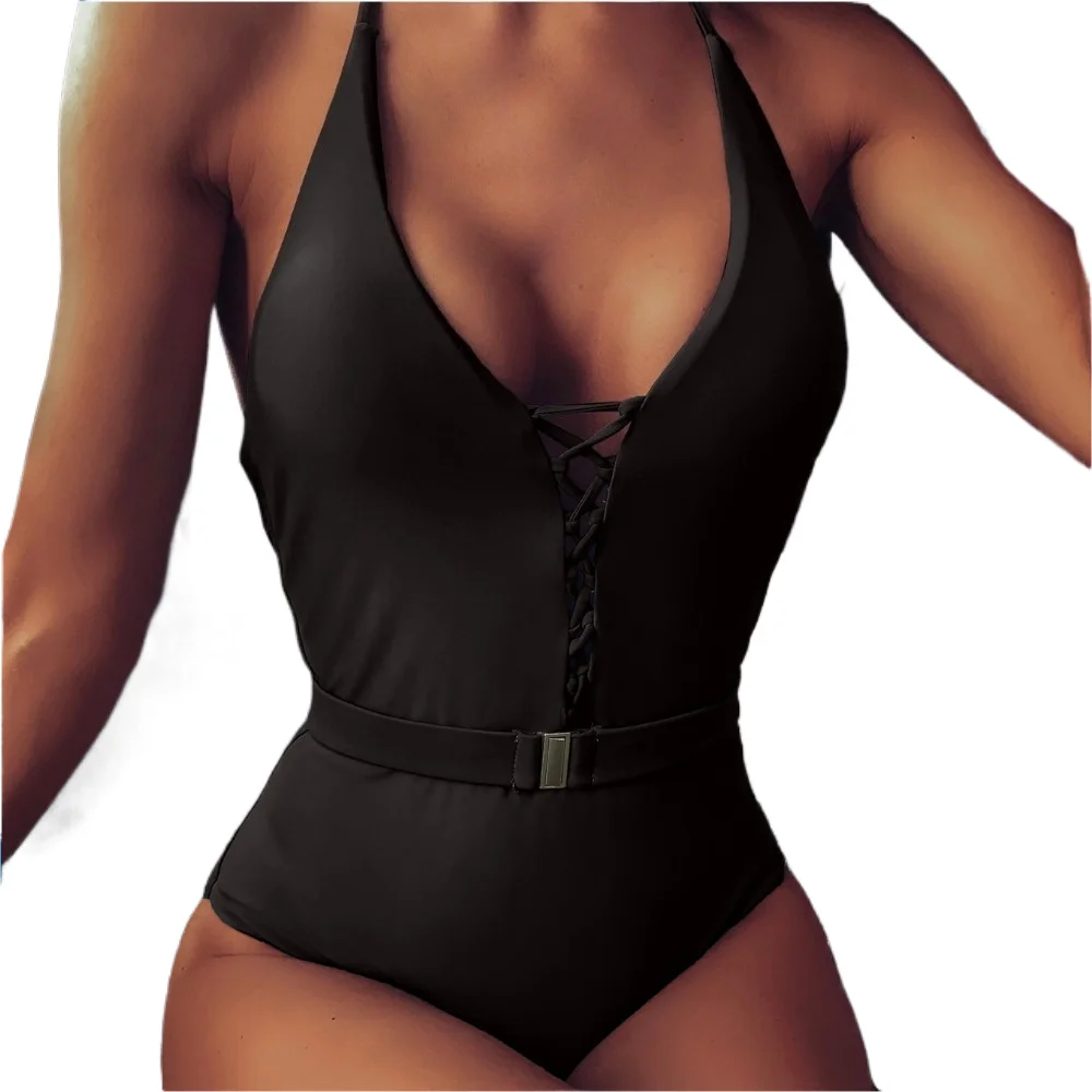 One Piece Swimsuit Sexy Women  Bandage Belt Buckle Bikini Deep V Mesh Cutout Thin Strap Metal Buckle Waist Seaside Bathing Suit