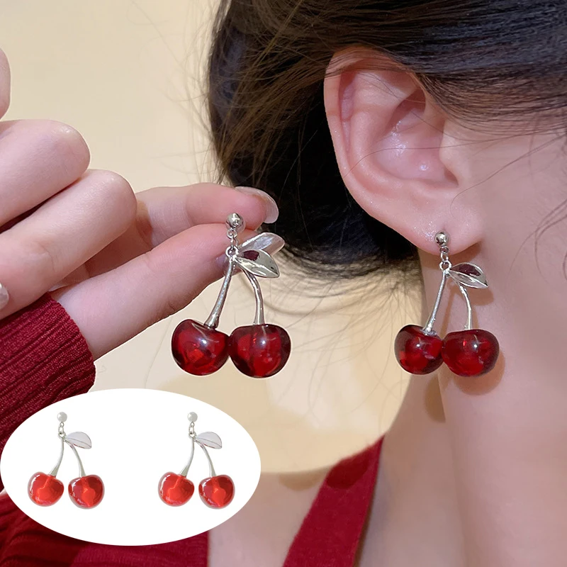 New Sweet Summer Red Transparent Cherry Fruit Fashion Long Ear Nail Earrings Fashion Black Anime Earring For Women Party Jewelry