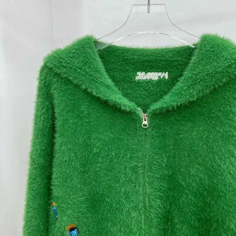High Street Y2K Streetwear Men Furry Zip Hoodie Soft Plush Fabric Cartoon Embroidery Loose House of Errors Sweater Coat