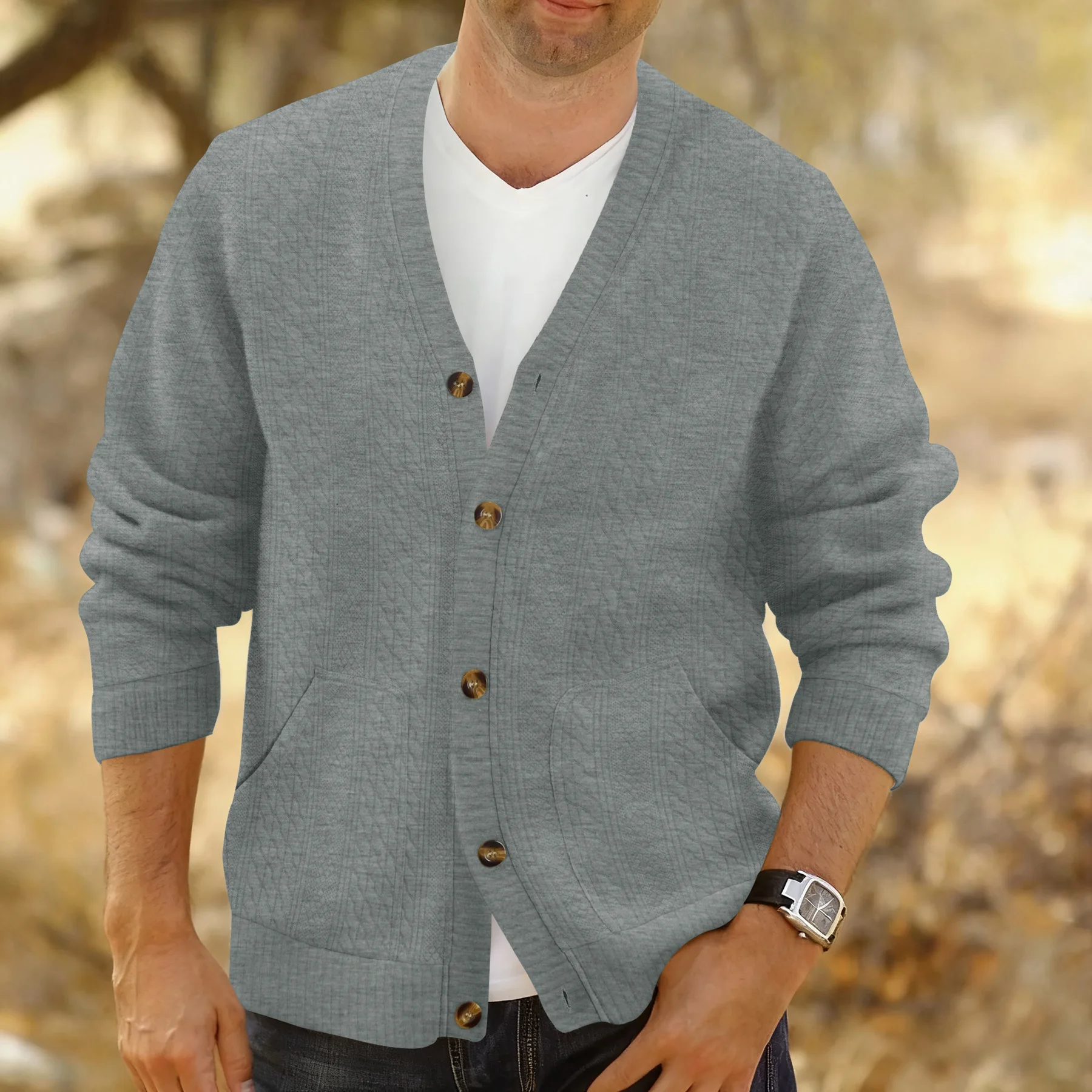 Cross-border new spring and autumn button jacquard non-ironing v-neck cardigan jacket retro casual out men's models