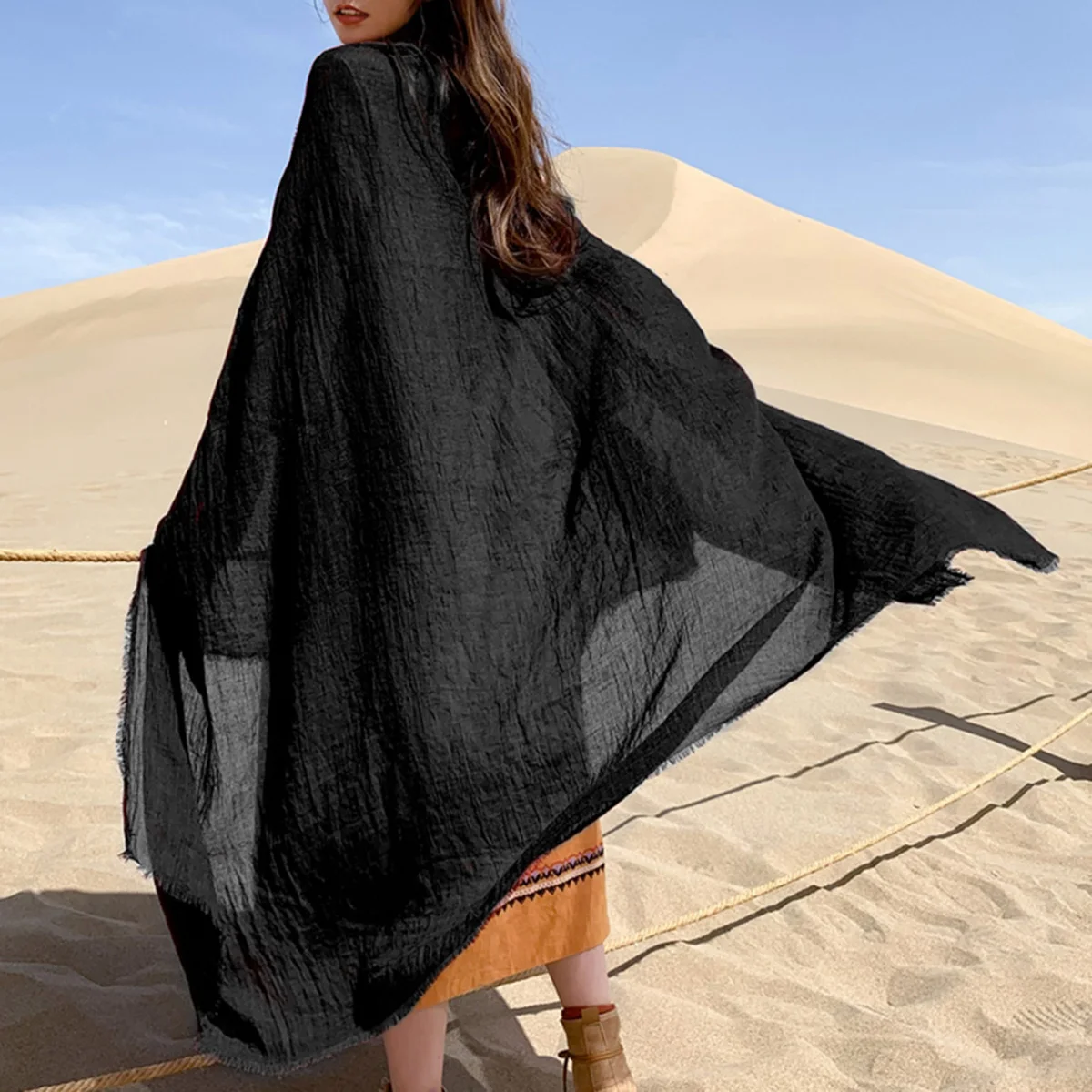

1pc Pure Color Linen Scarf Cotton Linen Crumpled Style Simple Scarf Black Solid Lightweight Wrap Accessory For Women Men
