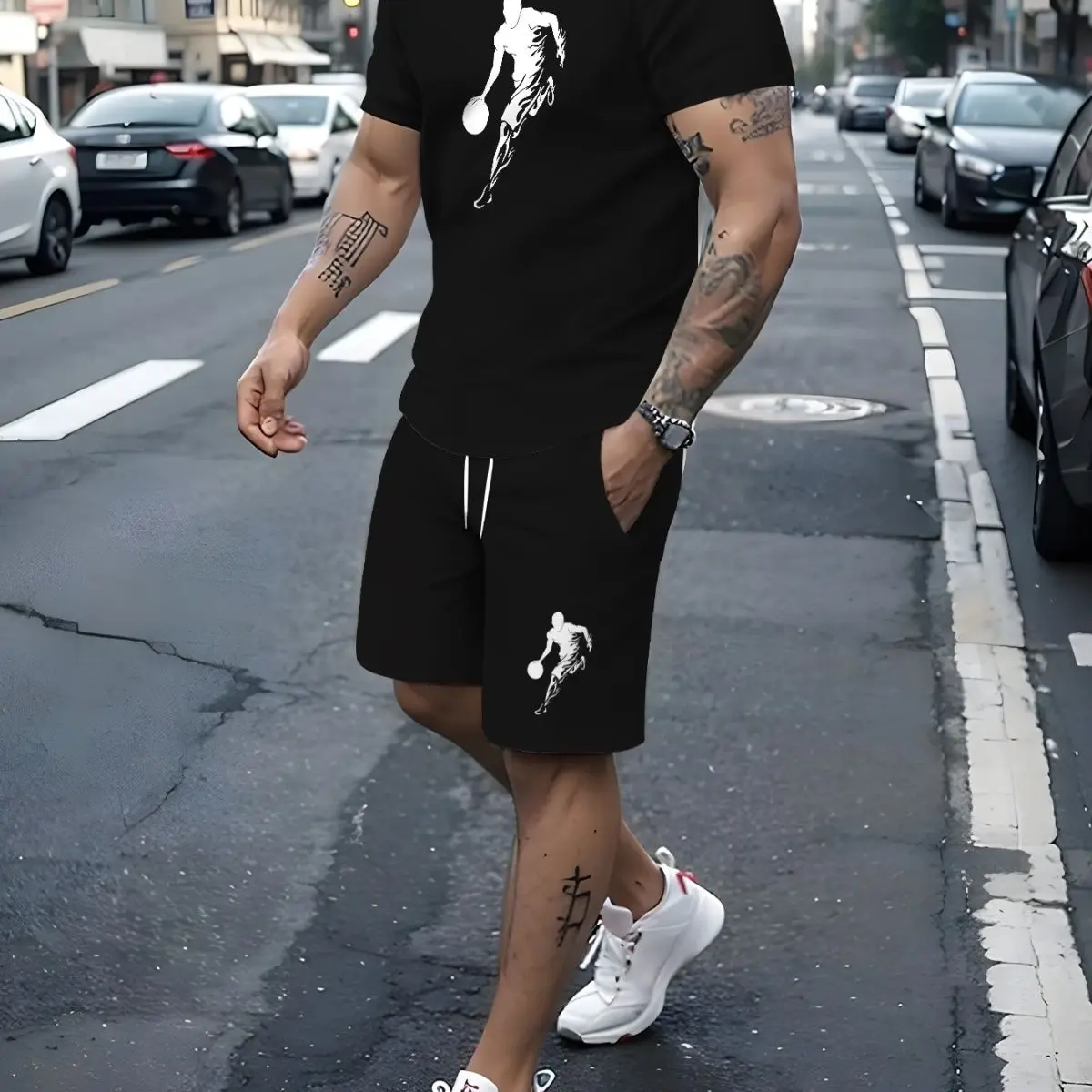 

Men's Short-sleeved T-shirt Shorts Two-piece Casual Sports Summer Fashion High Street Basketball Fitness Harajuku Men Clothes