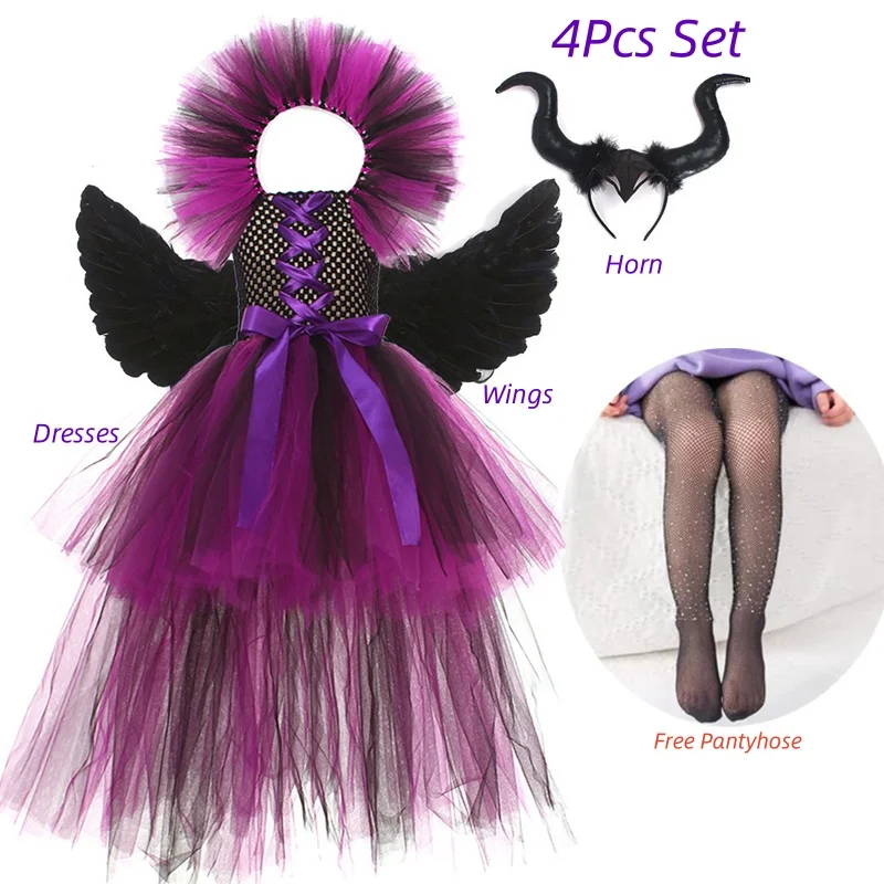 Maleficent Costume Deluxe Girls Halloween Carnival Party Black Trailing Mesh Dress Kids Cosplay Demon Queen Witch Clothes