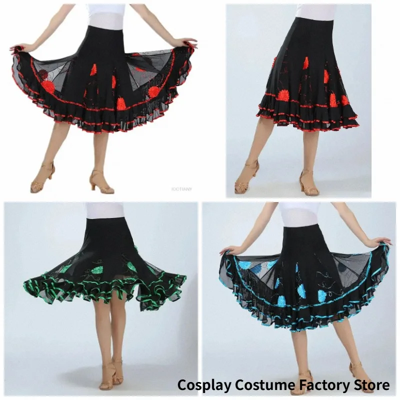 Falda de baile de lentejuelas para mujer, diseño de flor roja, para salón de baile, flamenco, estándar, vals, fiesta, swing suave, danza moderna