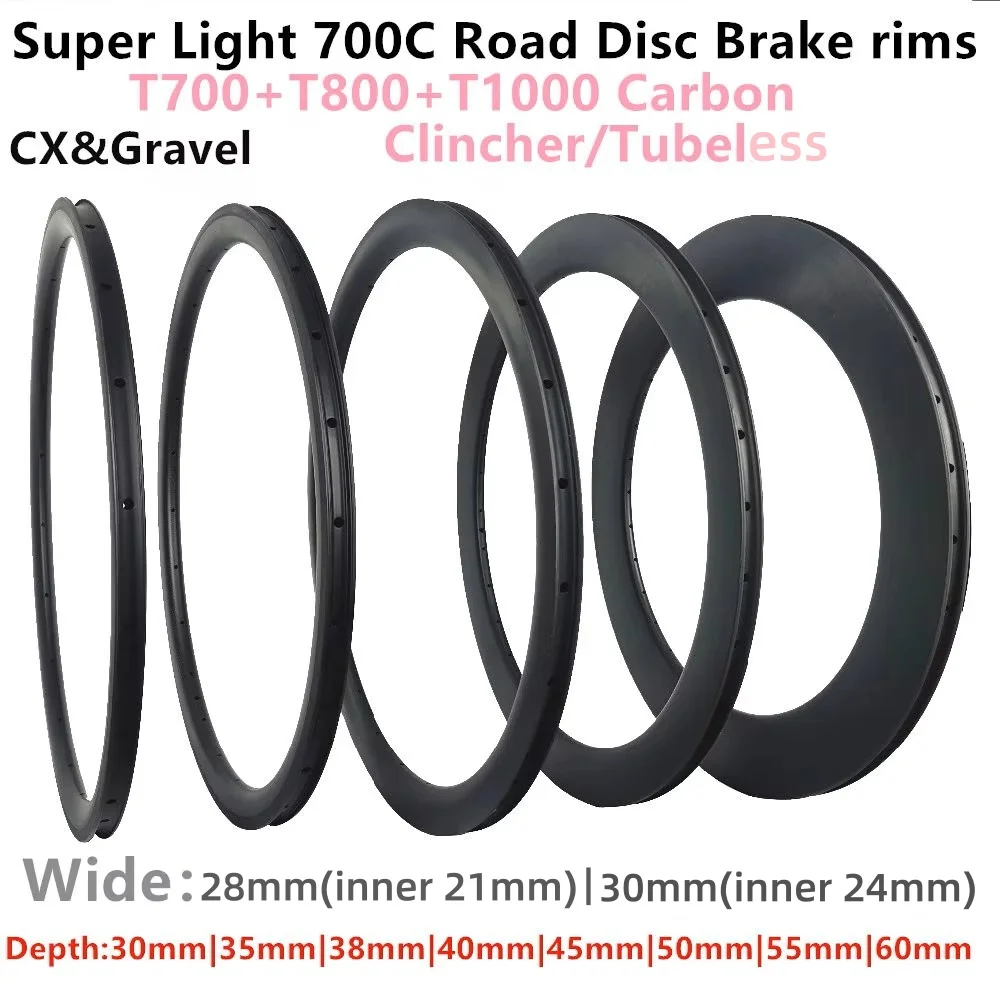Obręcze karbonowe 700C do rowerów szosowych T800+T1000 UD Matte 30mm 35mm 40mm 45mm 50mm 55mm 60mm, obręcze karbonowe 700c do rowerów gravel CX, obręcze karbonowe 700c do rowerów szosowych z hamulcami tarczowymi.