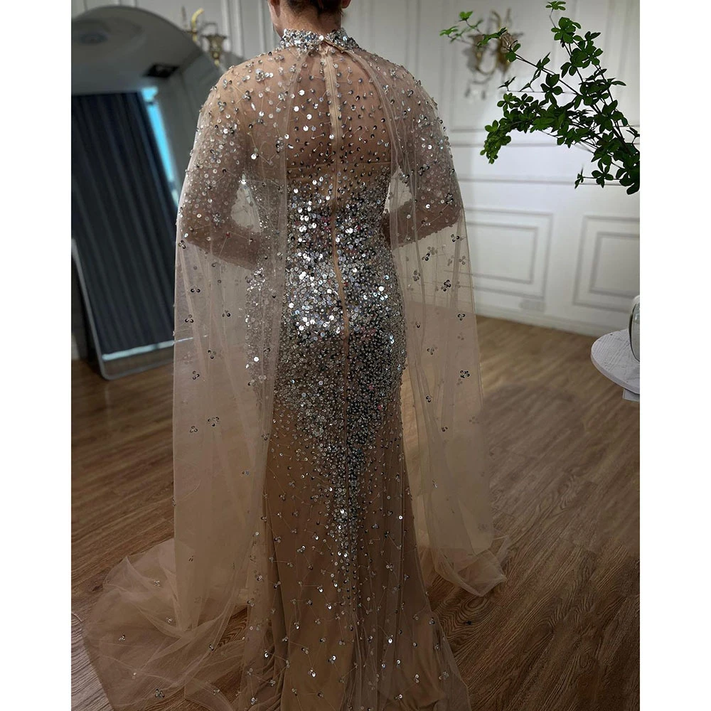 Luxury Arabic Formal Dress for Women Caftan Prom Dresses Cap Sleeves Silver Appliques Exquisite Women\'s Party Gown