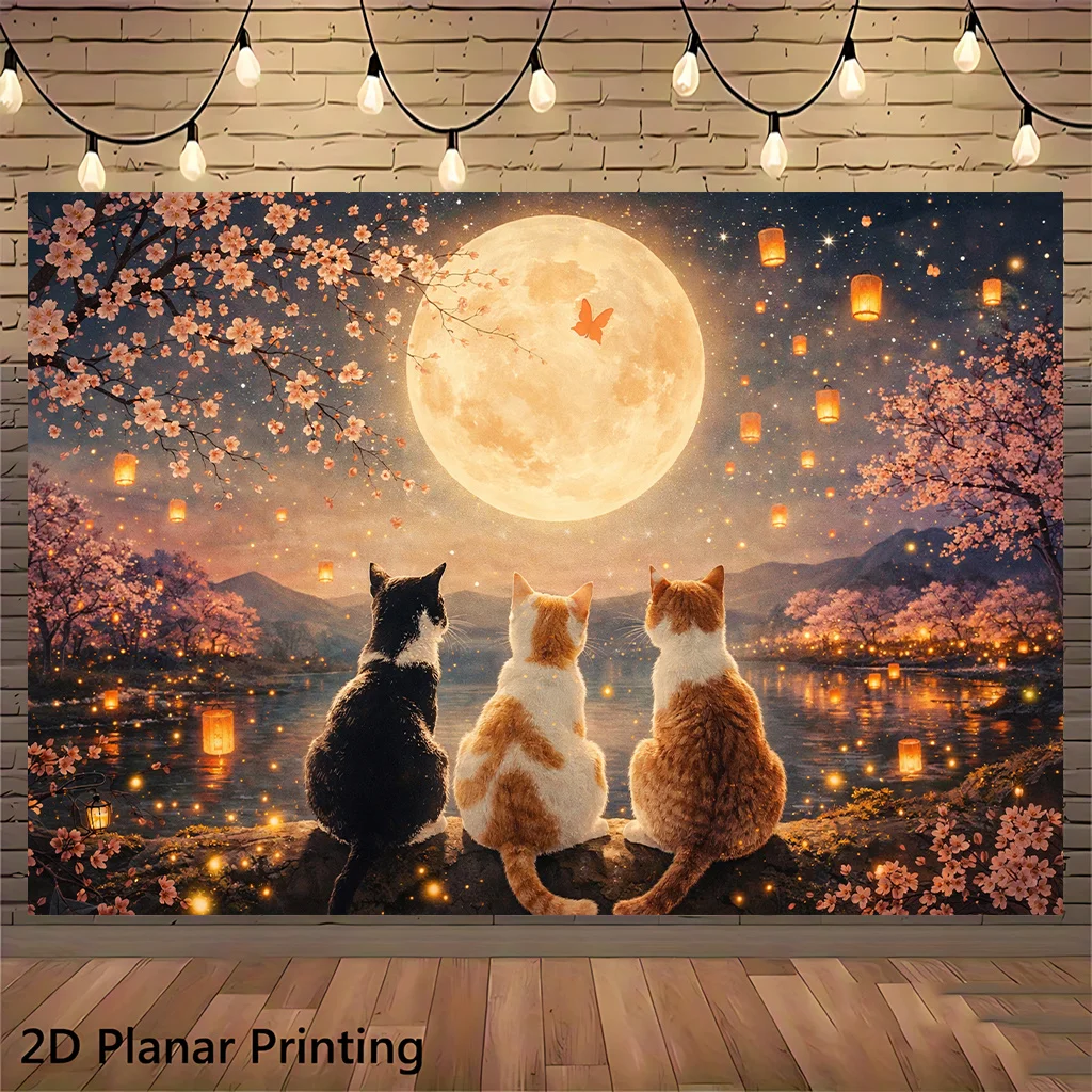 Aesthetic Cat and Moon Sakura Night Wall Mural Tapestry Canvas Decor Art Print for Living Room Bedroom Home Decor