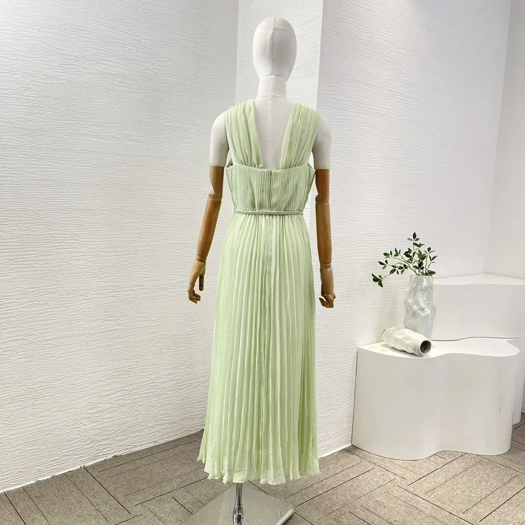 Women Light Green Chiffon One Shoulder Collar Sleeveless Back Zipper Closure Midi Dress 2024 Summer